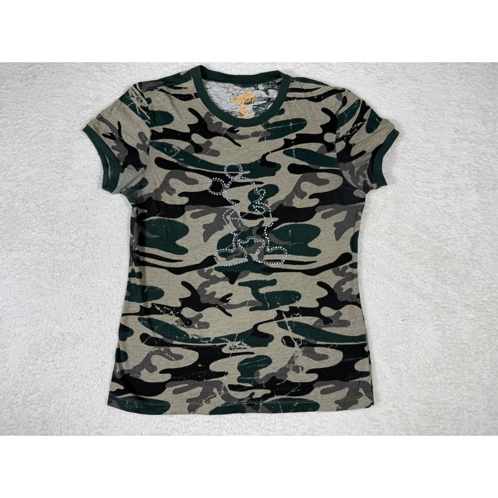 Disney Ringer T-Shirt Womens Large Green Camo Good Rhinestone Mickey Mouse Y2K